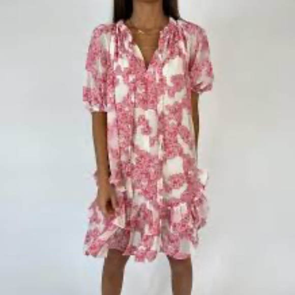 Current Air Los Angeles Pink White Rosie Floral Print Ruffle Dress - Picture 1 of 13